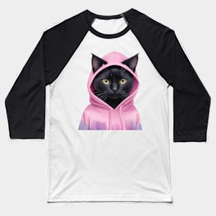 Black cat wearing pink hoodies Baseball T-Shirt